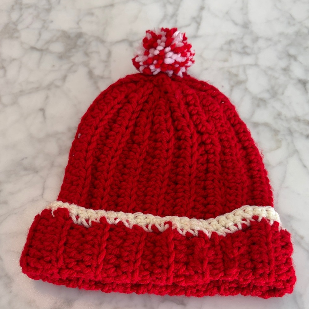 Red Crocheted Beanie with Pom Pom
